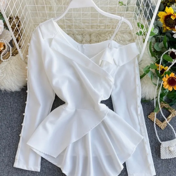 NWT OFF THE SHOULDER PEARL DETAIL BLOUSE - Picture 7 of 7